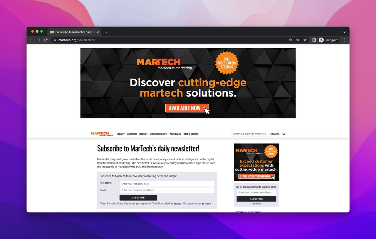 MarTech e-commerce newsletter subscription page