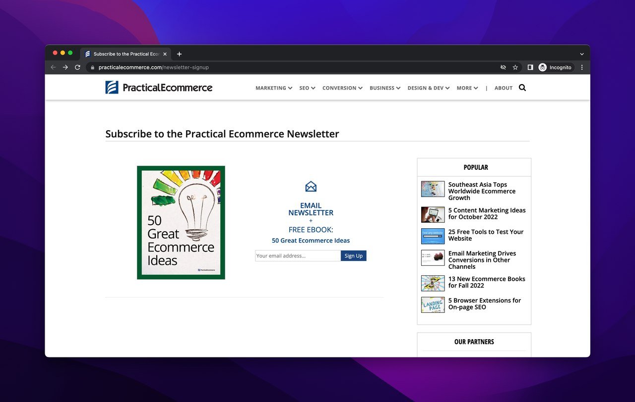 Practical ecommerce newsletter subscription page