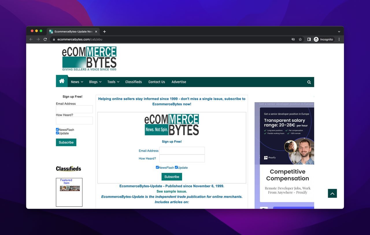 eCommerce Bytes newsletter subscription page