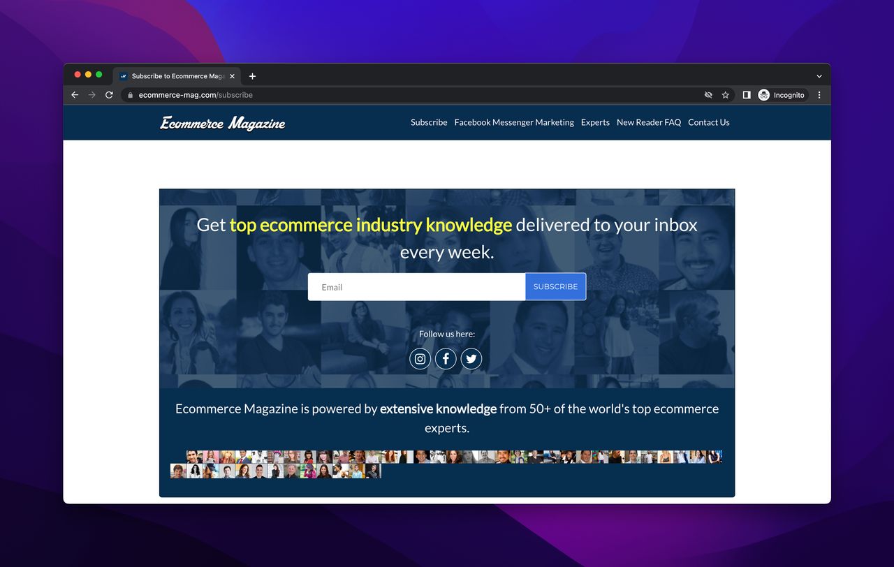 Ecommerce magazine newsletter subscription page
