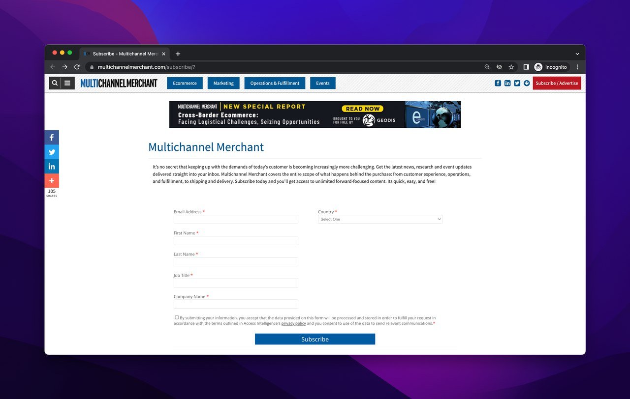 Multi channel merchant ecommerce newsletter subscription page