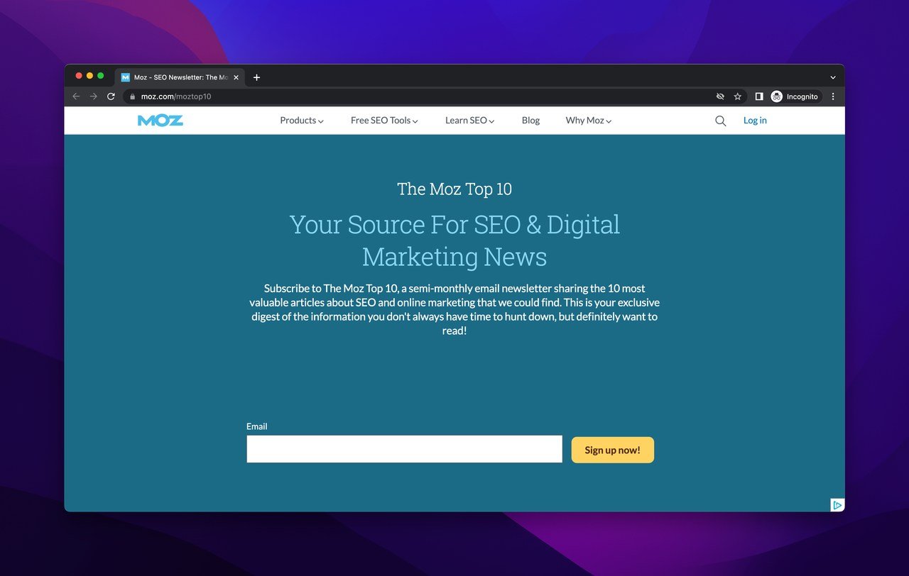 MOZ ecommerce newsletter subscription page