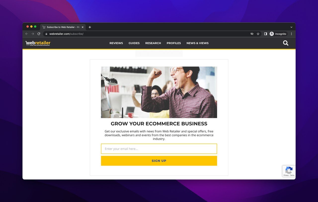 Webretailer ecommerce newsletter subscription page