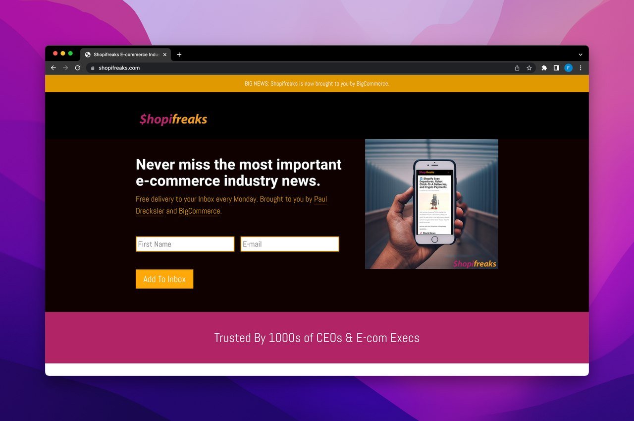 The Shopifreaks e-commerce newsletter homepage with fields to subscribe