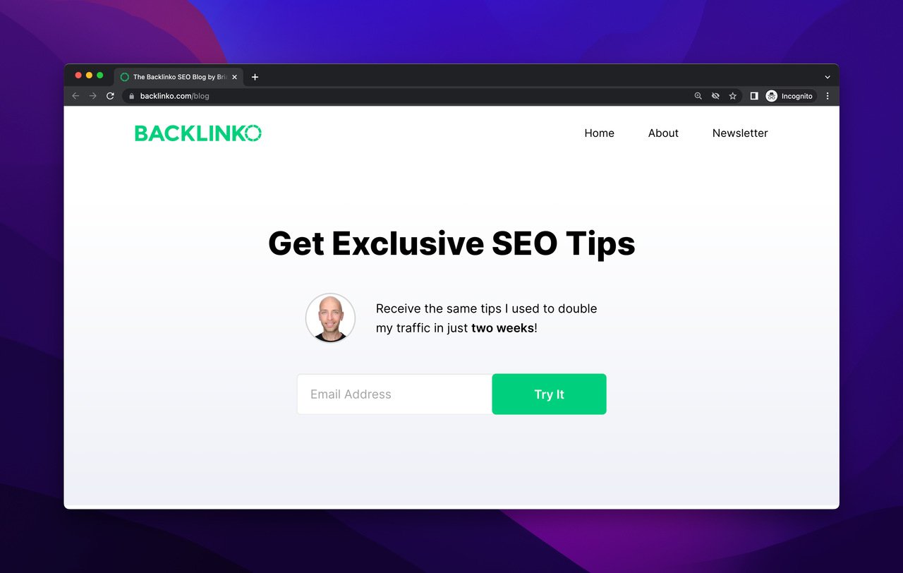 Backlinko ecommerce newsletter subscription page