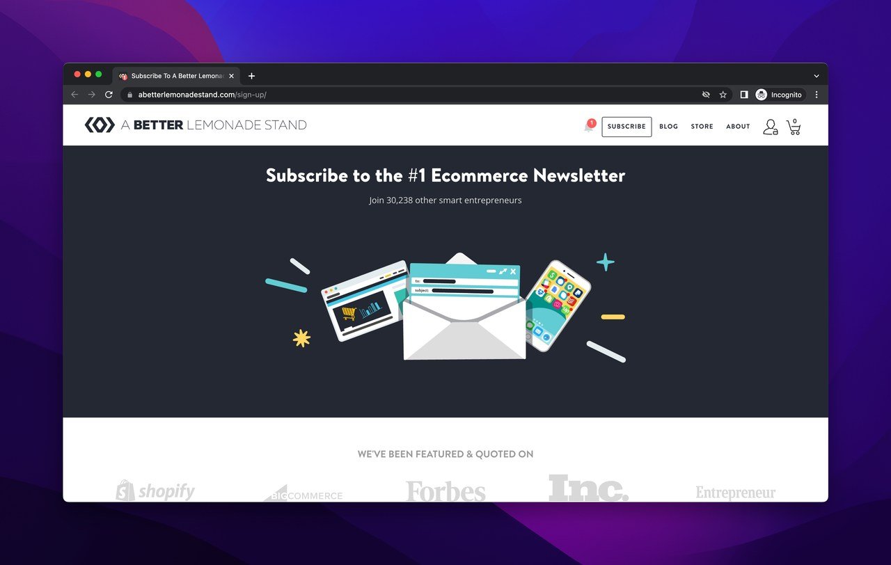 A Better Lemonade Stand ecommerce newsletter subscription page