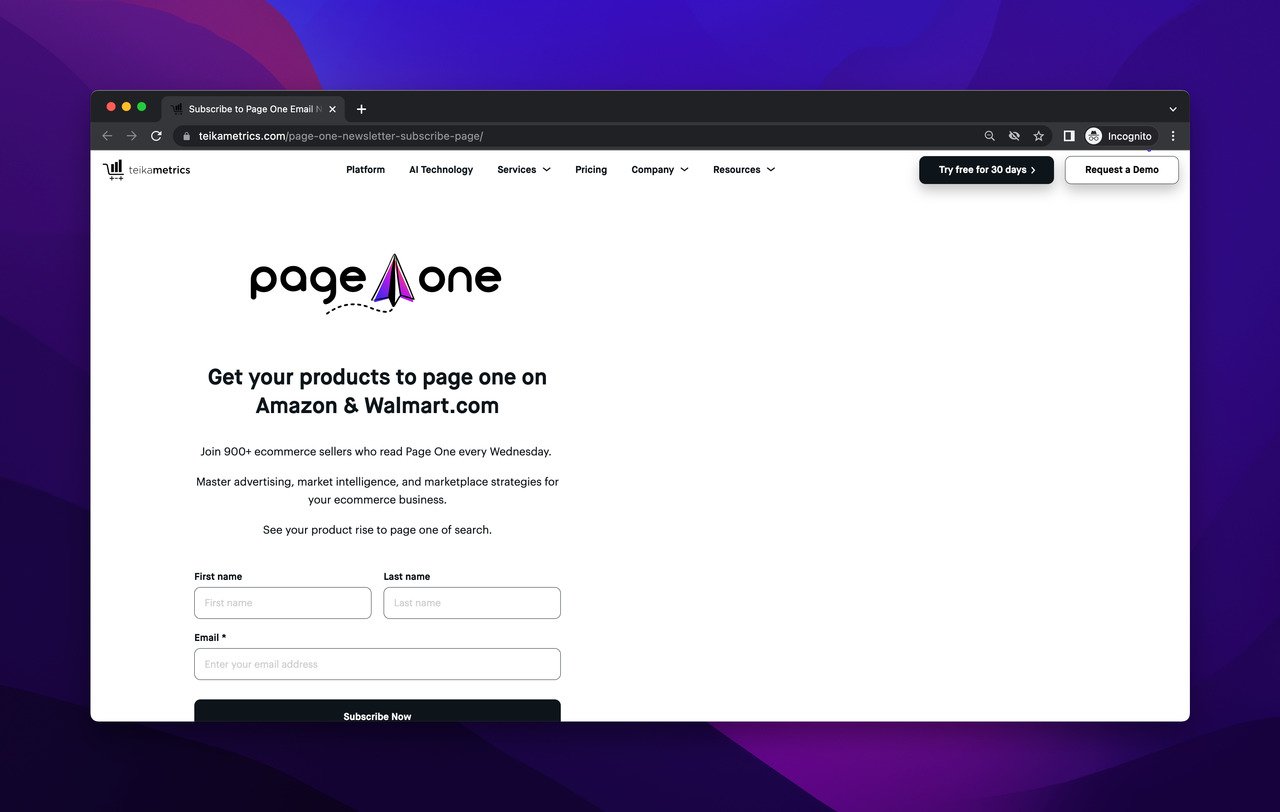 page one ecommerce newsletter subscription page