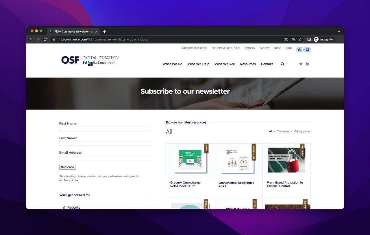 Fit For Commerce ecommerce newsletter subscription page