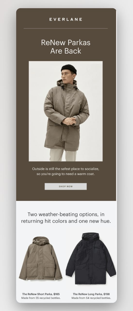 a screenshot of Everlane product recommendation email example announcing the highly demanded jackets are availbale for shoppers now