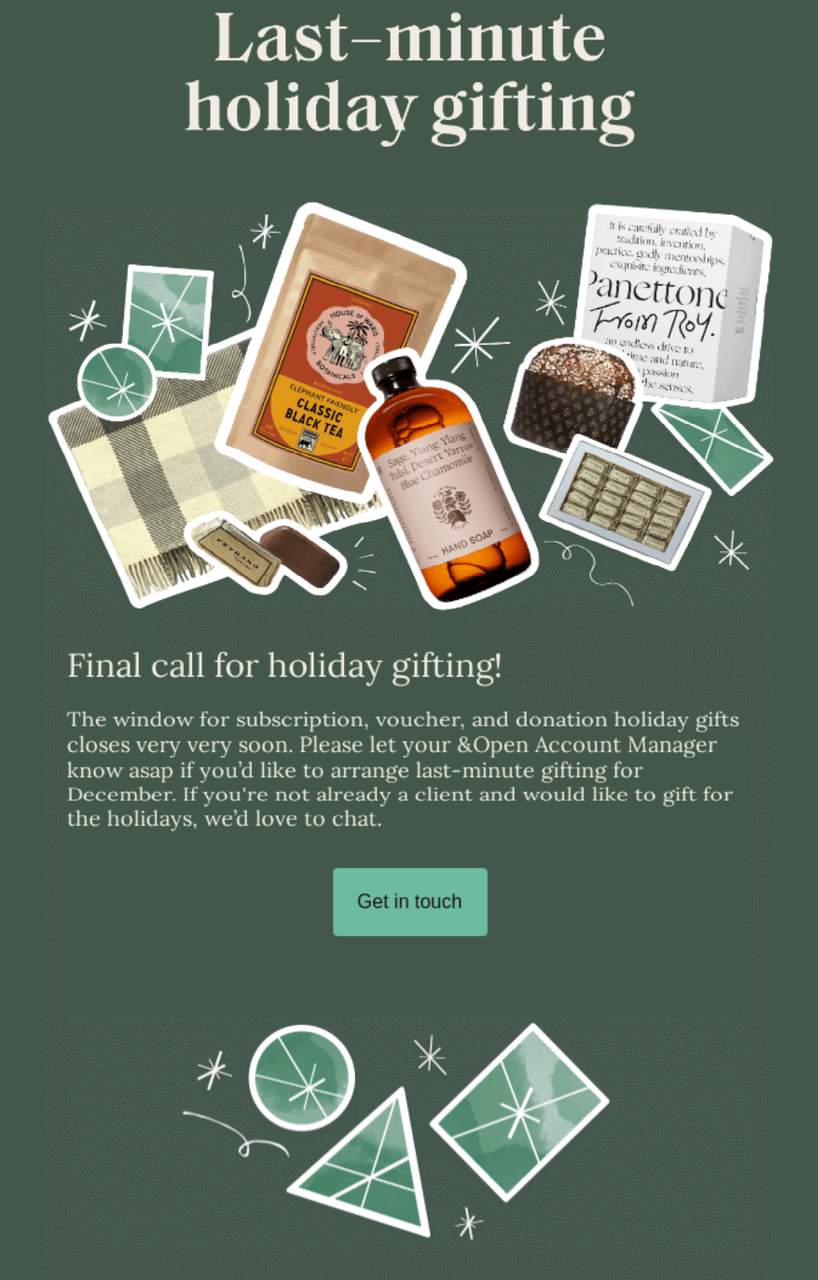 a screenshot of andopen brand's holiday product recommendation email example in green theme offering last minute discounts