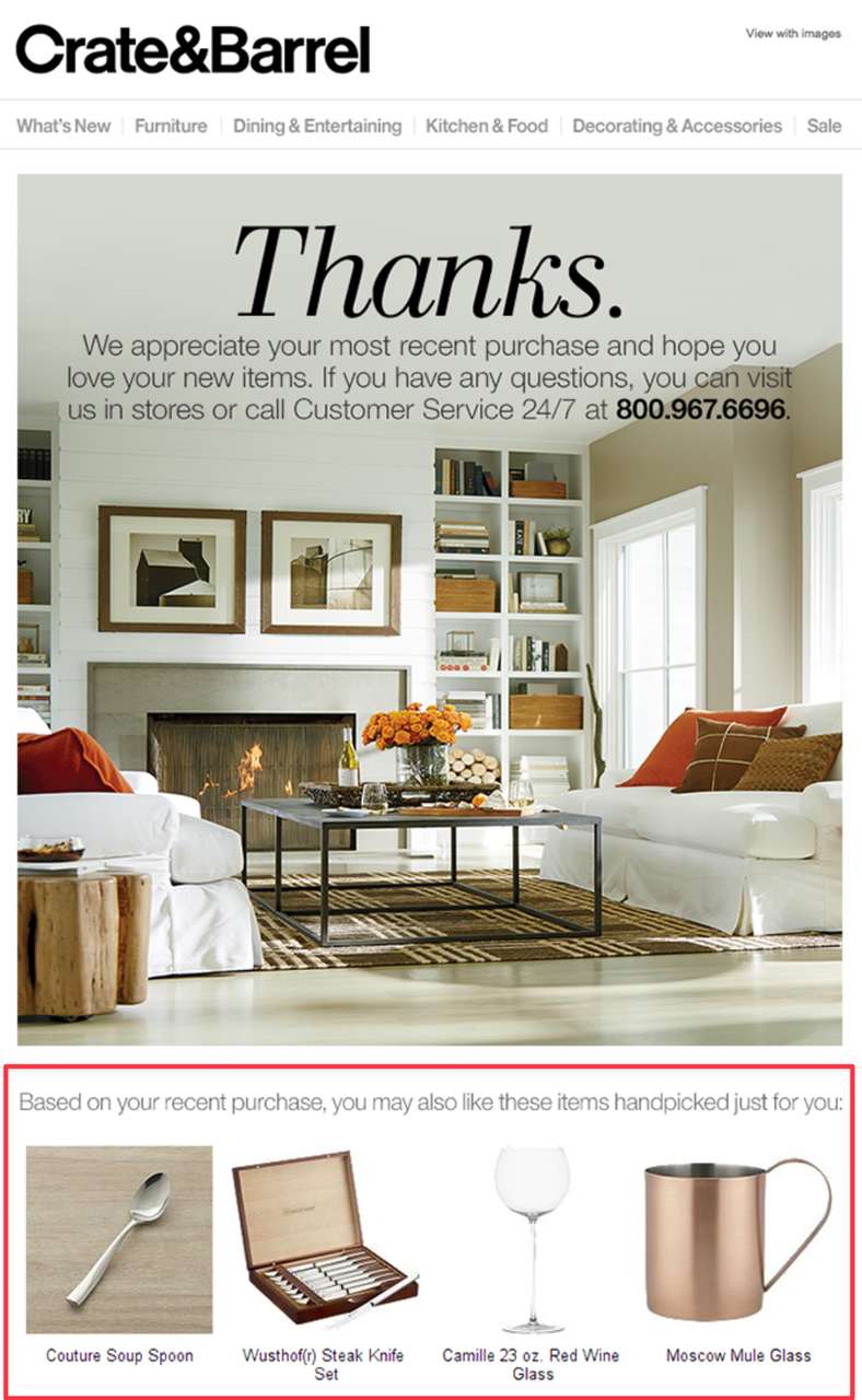 a screenshot of Crate and Barrel brand's product recommendation email example showing relevent products based on the last purchase of the user