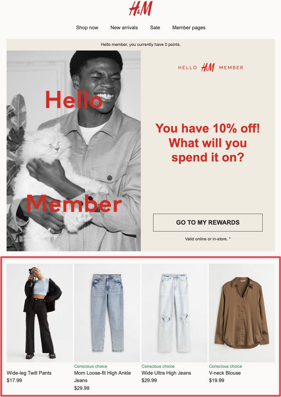 a screenshot of H&M brand's product recommendation email example with 10% off for exclusive members