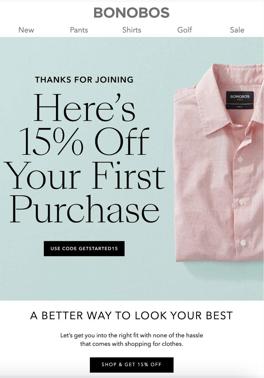 a screenshot of BonoBos's product recommendation email example showing a pink men shirt and offering 15% discount to the new user in a welome email