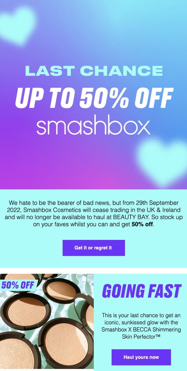 a screenshot of Beauty bay's 50% discount product recommendation email example