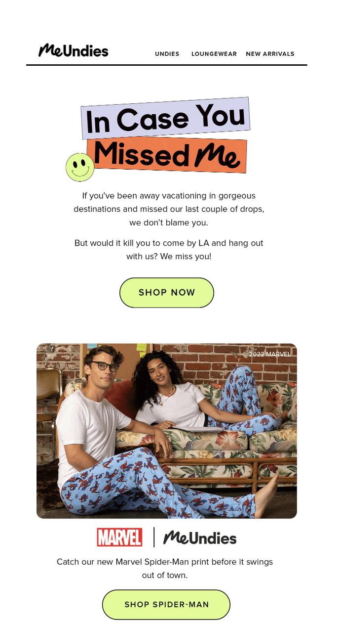 a screenshot of Meundies product recommendation email examples showing a couple in the recently launched pyjamas