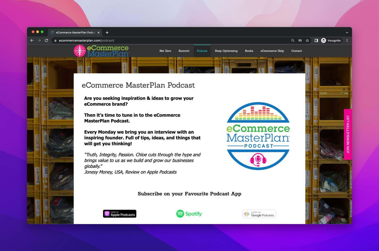 eCommerce masterplan podcast website with the logo of the show and links to listen to the podcats from different platforms with their logos 