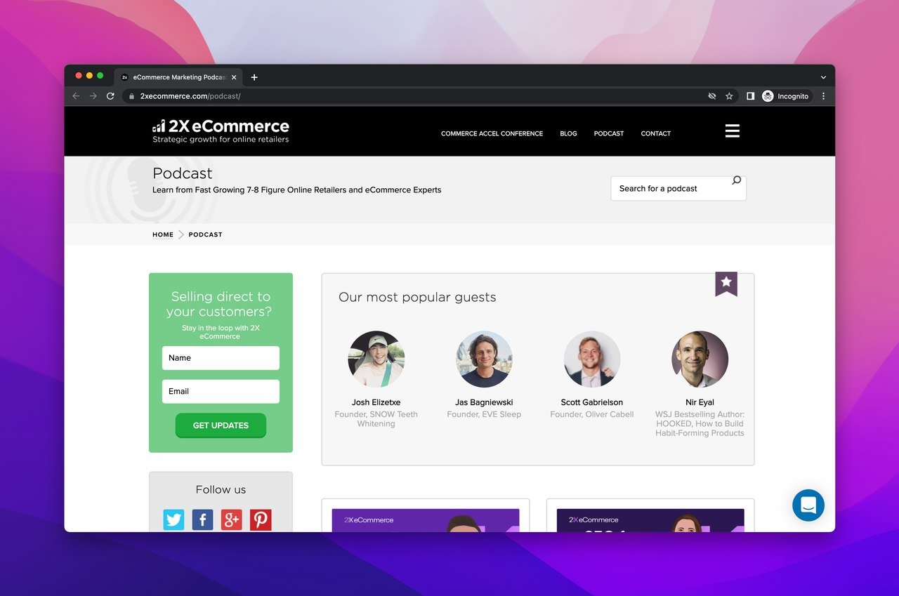 2X ecommerce podcast website showing pictures of their most popular guest on the show