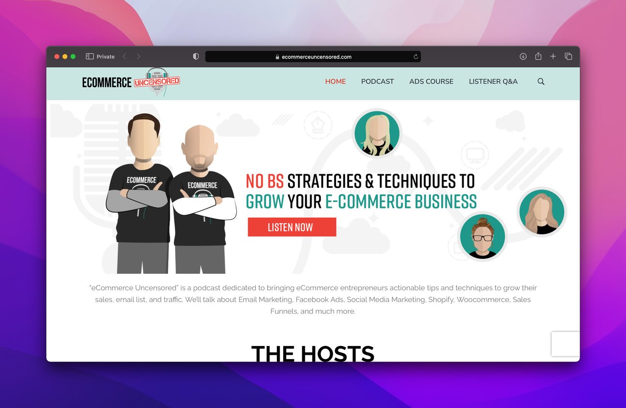 ecommerce uncensored homepage with the illustration of two men crossing arms standing next to each other and a headline on the right, there are three more illustrations of people in circles