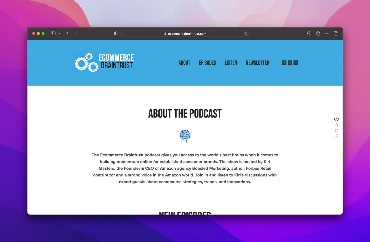 ecommerce braintrust homepage with a blue banner including different sections and logo and white area below giving info on podcast