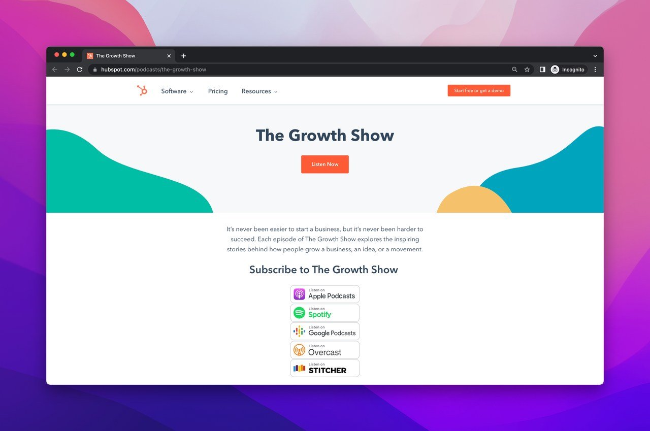 hubspot growth show podcast website showing links to listen to the podcast from different platforms and an orange CTA saying"Listen Now" 