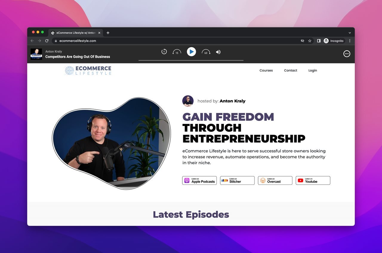 ecommerce lifestyle podcast website showing an image of the host on the left side and the links to listen to the podcats from different platforms with their logos