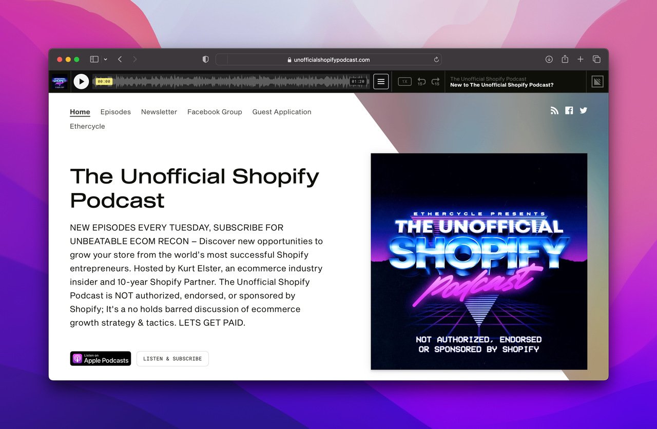 the unofficial shopify podcast homepage with the headline and info on the left and the cover image on the right on a white background