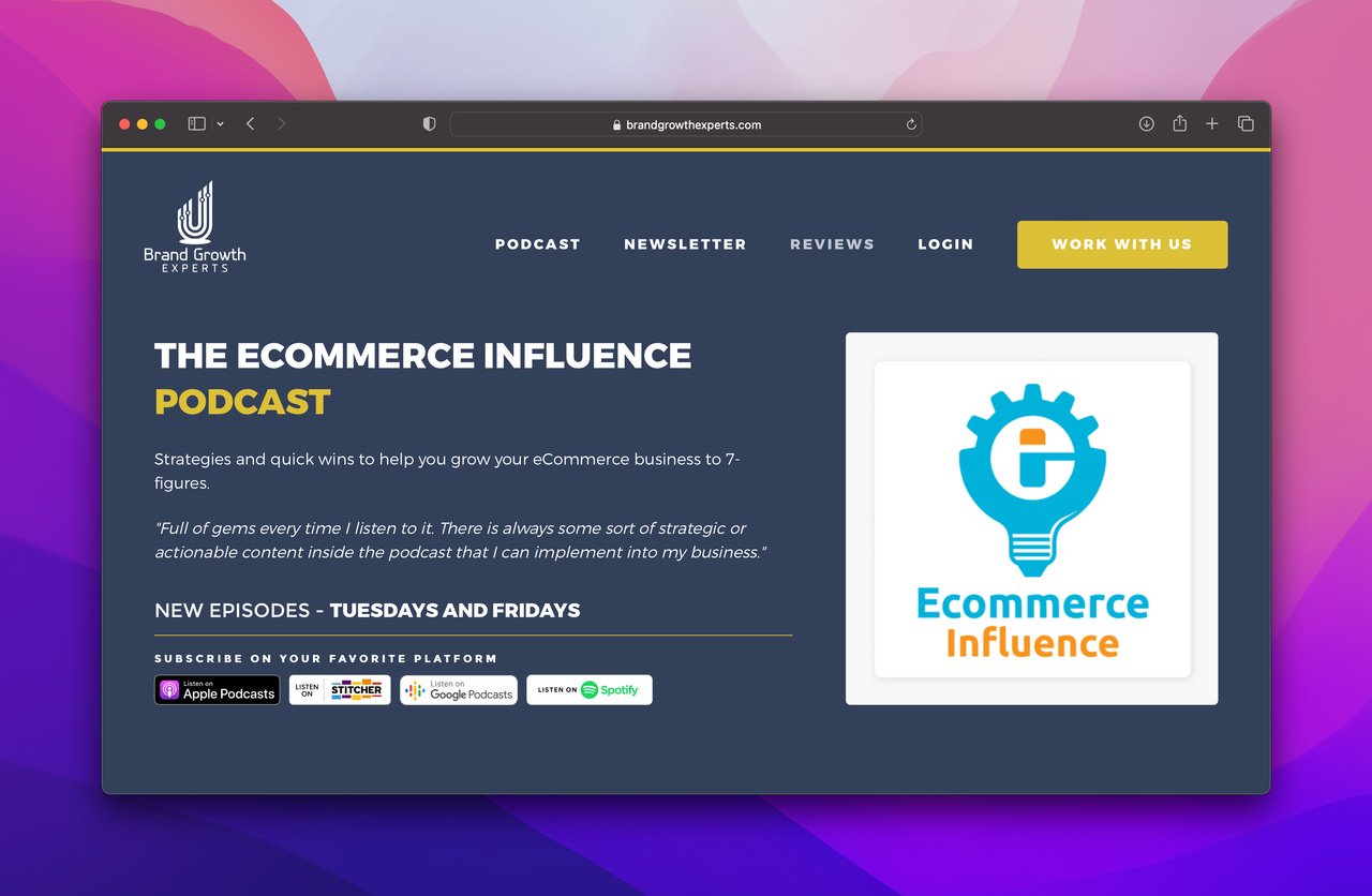 ecommerce influence podcast homepage with the cover image on the reight and related info on the left