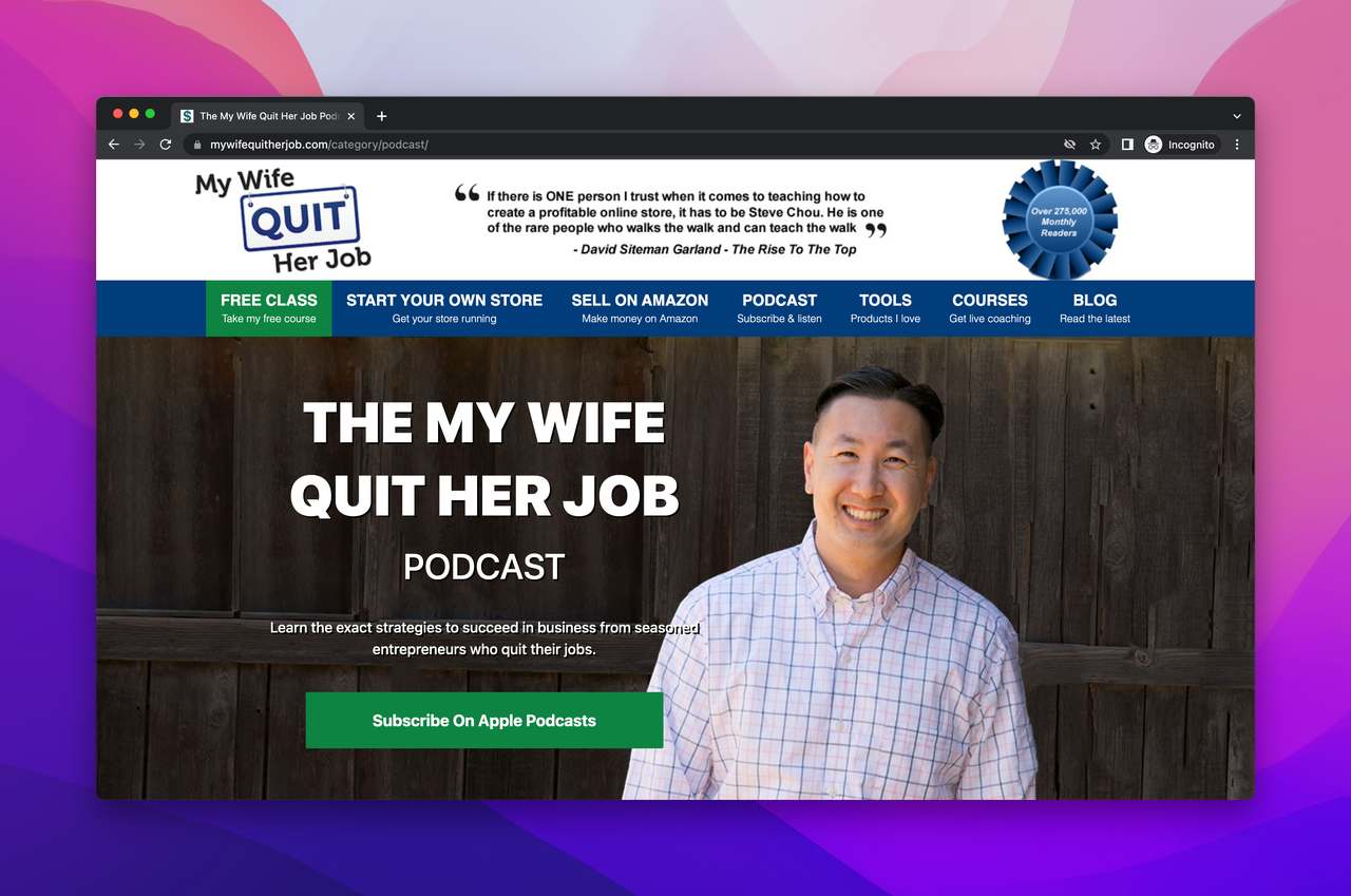 My wife quit her job best ecommerce podcast website showing the face of the host and a green call to action that says"subscribe on apple podcast"