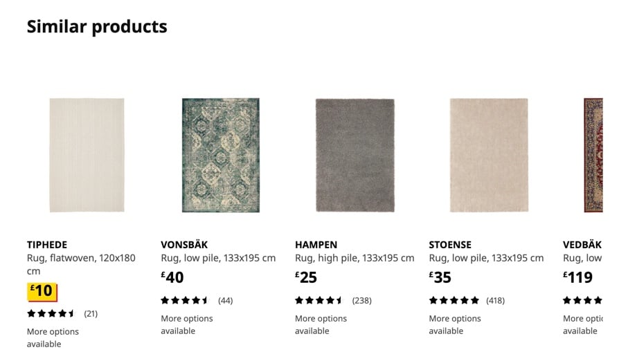 similar products product page where there are rugs in different colors with prices below