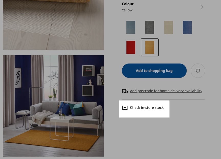 an image of a sofa in a room on the left, and on the right, there are different color variations of the rug with "check in-store stock" highlighted