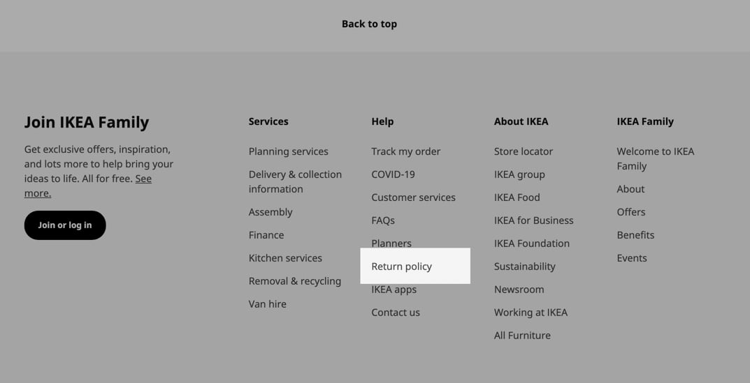 IKEA's footer where "Return policy" is highlighted