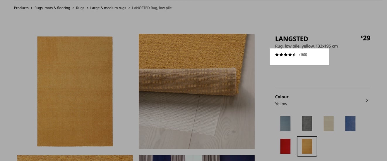 two images of a rug with rating stars highlighted followed by the color variations of the product