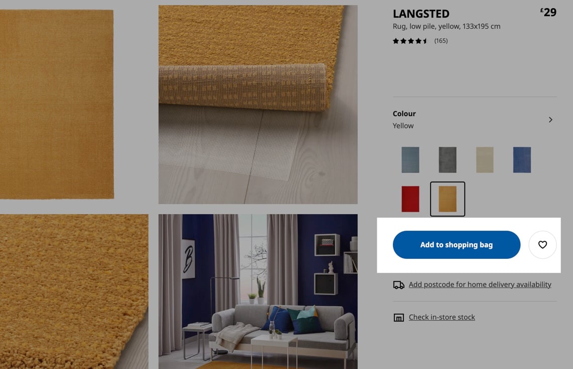 four images of a rug with its different color variations on the right and a highlighted "Add to shopping bag" button