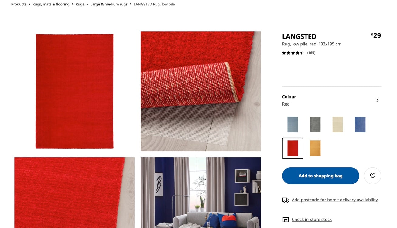 Ikea's product page with 4 different photos of the same red rug on the left, and on the right, there are other colors of the rug and a purchase button