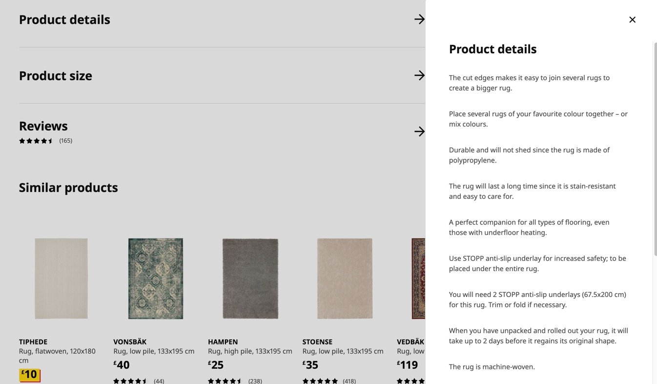 product page's product details from IKEA's website on the right, and on the left, there are different rug images