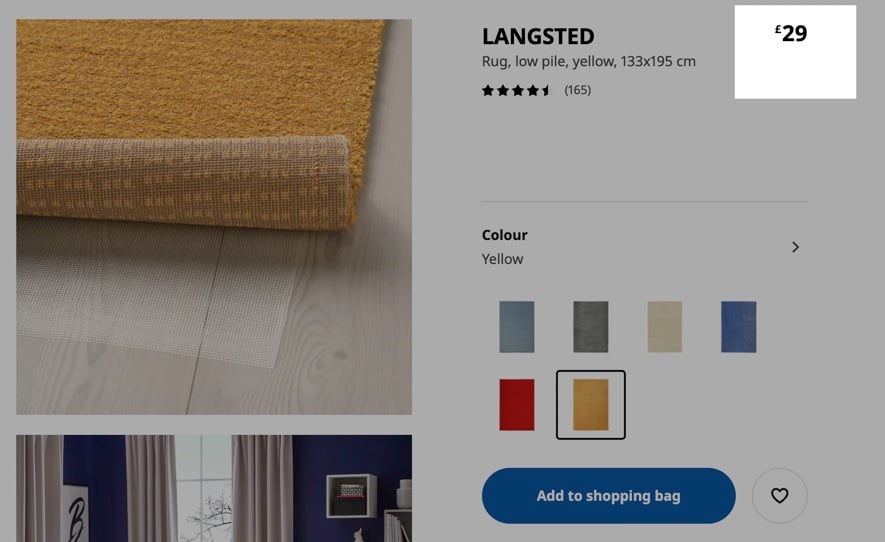 a rug image on the left and different colored variations of the rug on the right with the price highlighted in the right corner