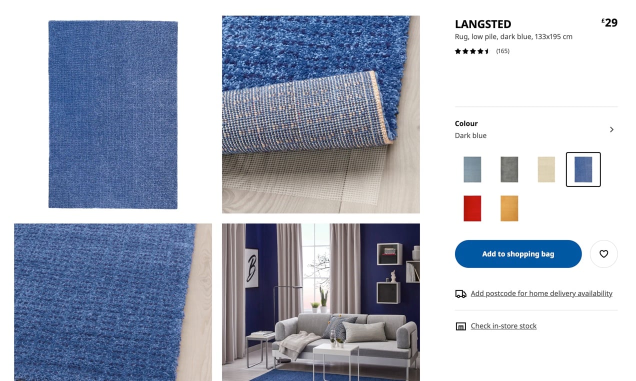 four images of the same blue rugs in different angles and environments with the rug info and variations on the right