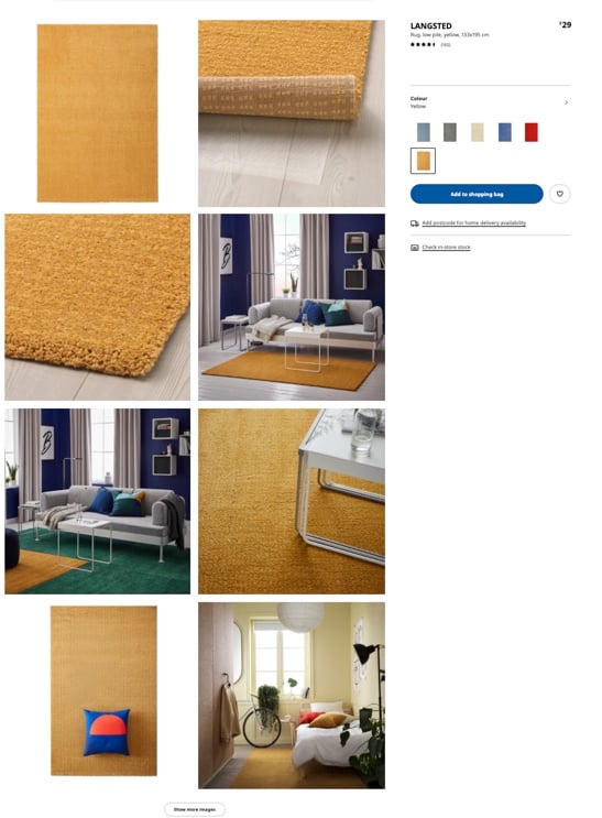 eight images of the same rug in different places and angles with the different colors of the rug on the right