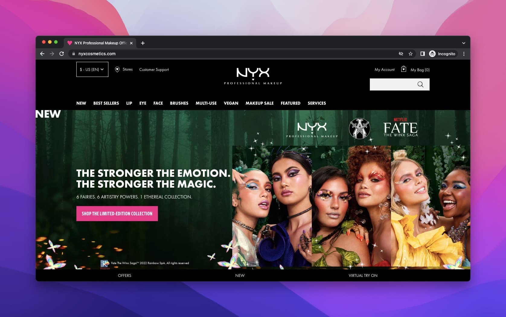 Nyx's product headline examples as above-the-fold with six models wearing colorful makeup