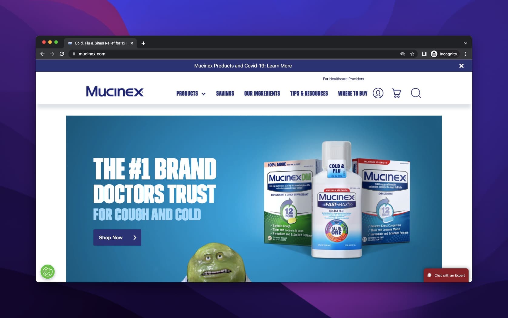 Mucinex product headline with animated images of bacteria