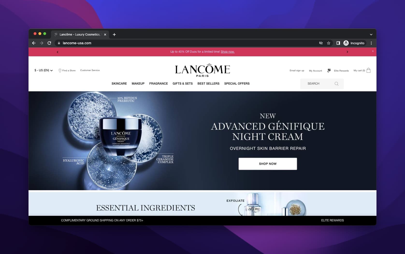 Lancome product headline of a cream on a dark background