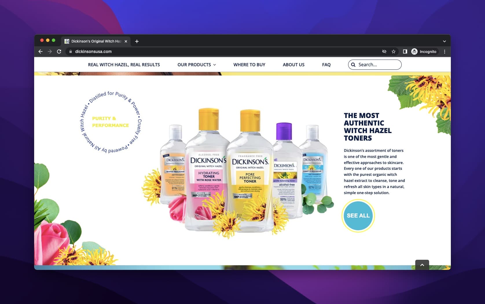 Dickinson's product headline example with witch hazel toners and their display