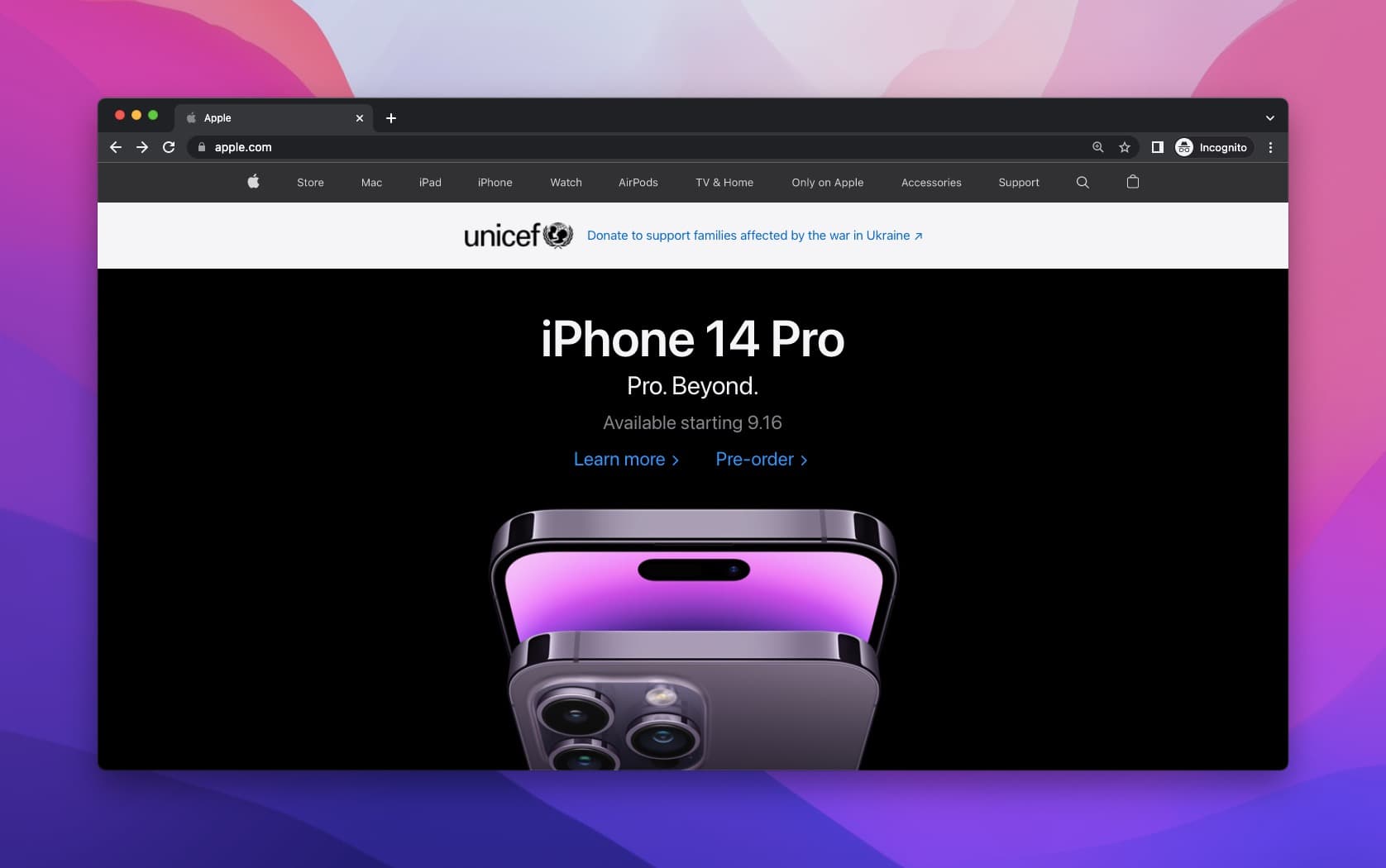 Apple's product headline on a black background with the new iPhone 14 Pro