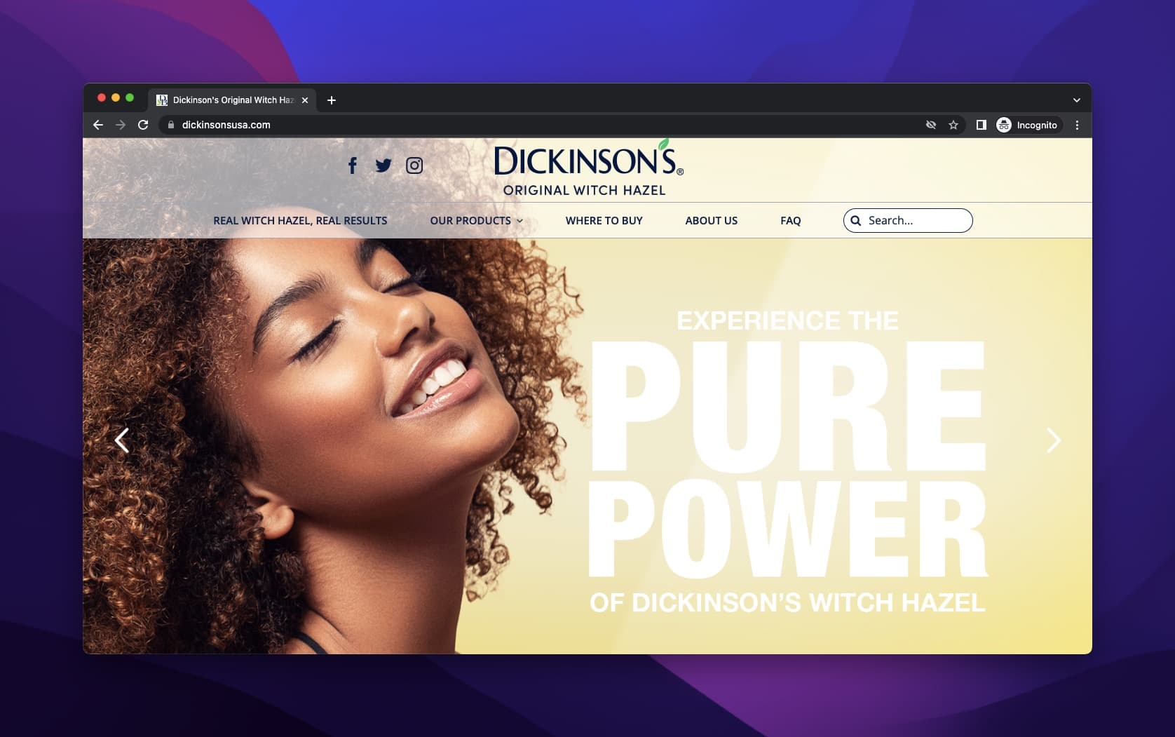 Dickinson's product headline with a woman smiling closing her eyes on a yellow background with large headline