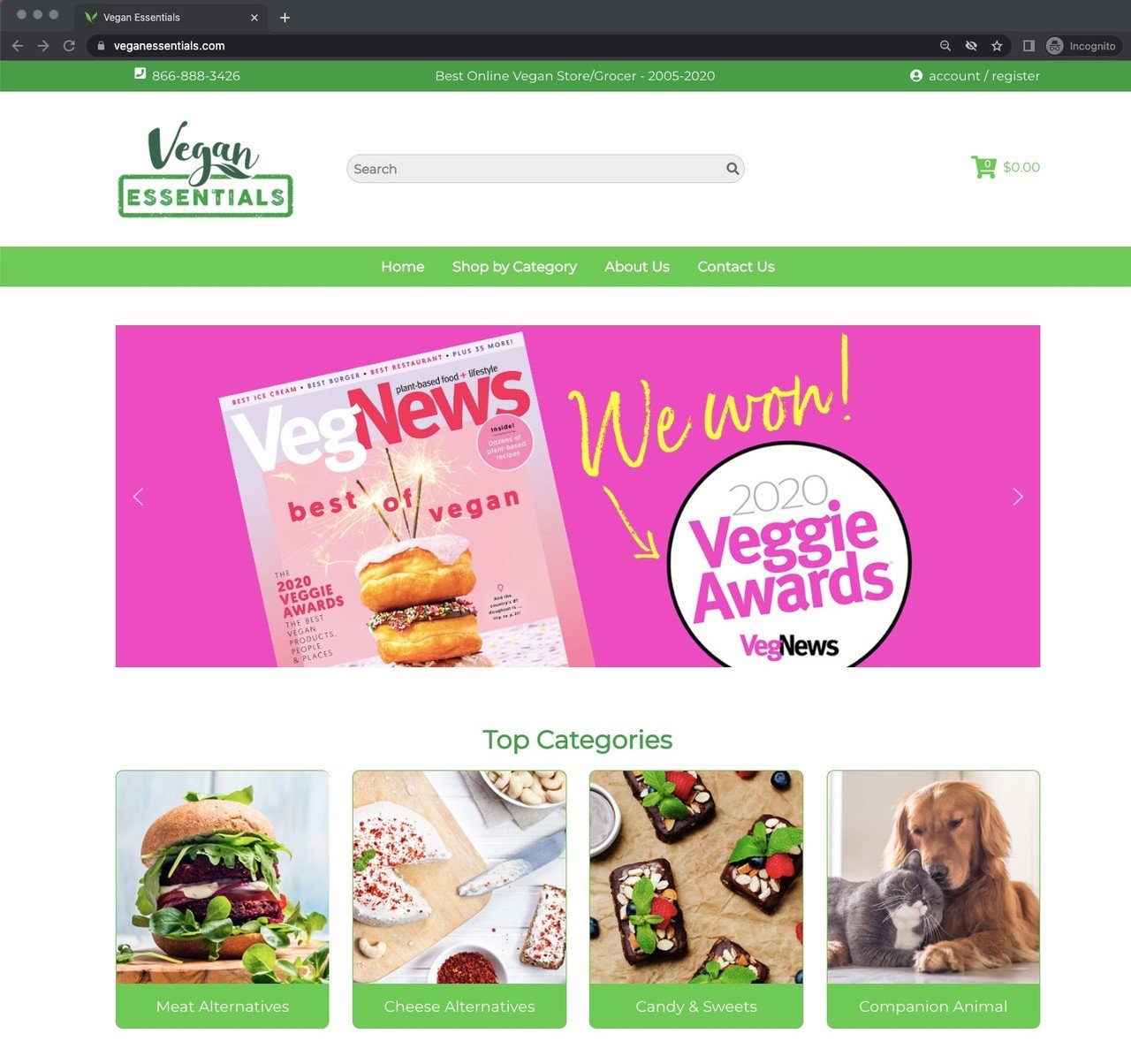 vegan essentials presell page showing the award winning and the top categories of the brand