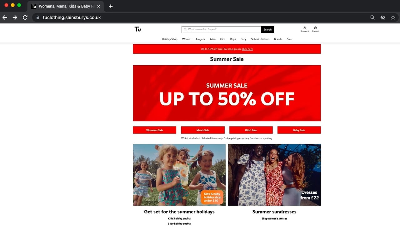 tuclothing presell showing sale with a red banner and the products