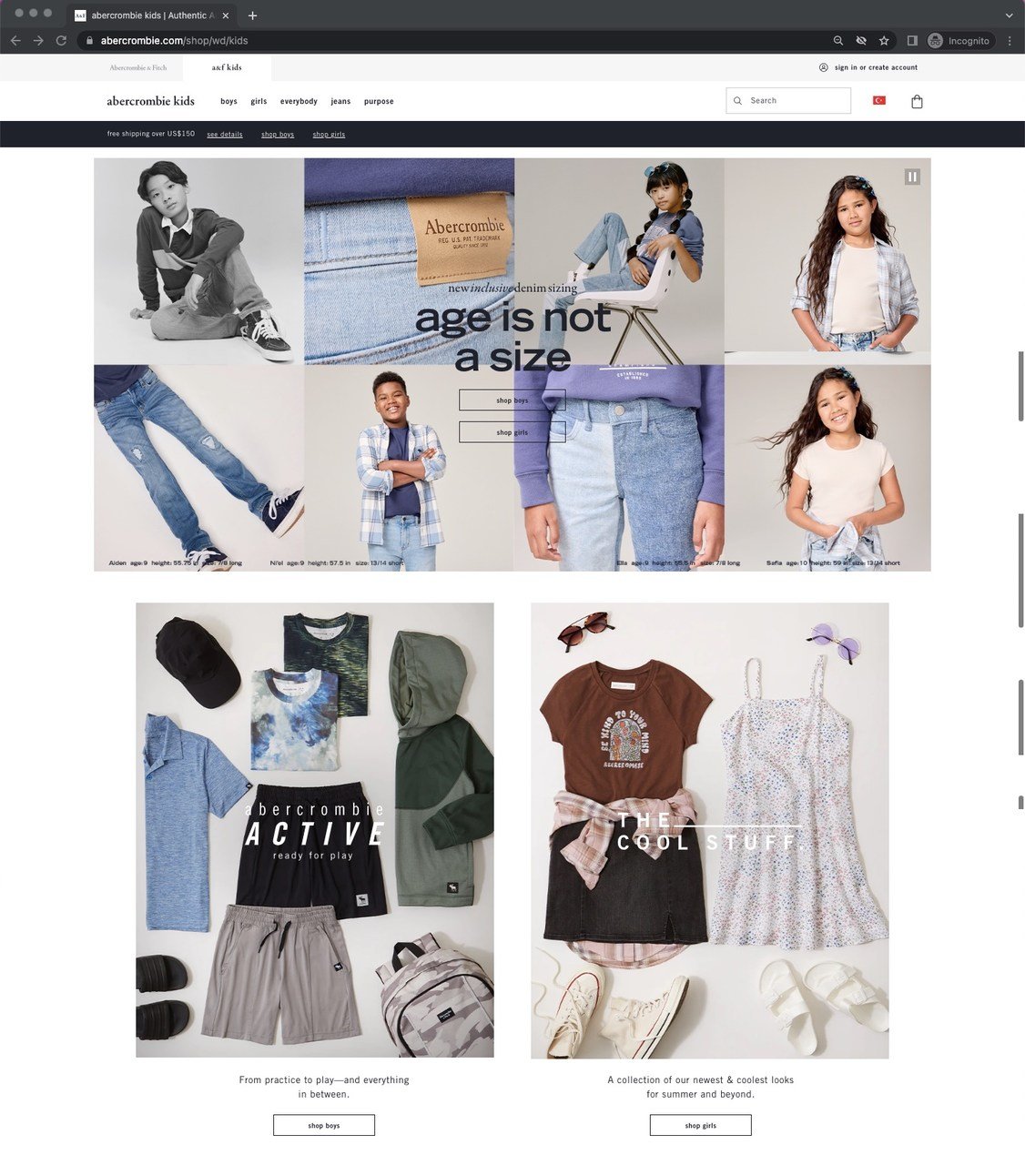 abercrombie kids presell page with lots of kids wearing Abercrombie and the CTA buttons supporting shopping