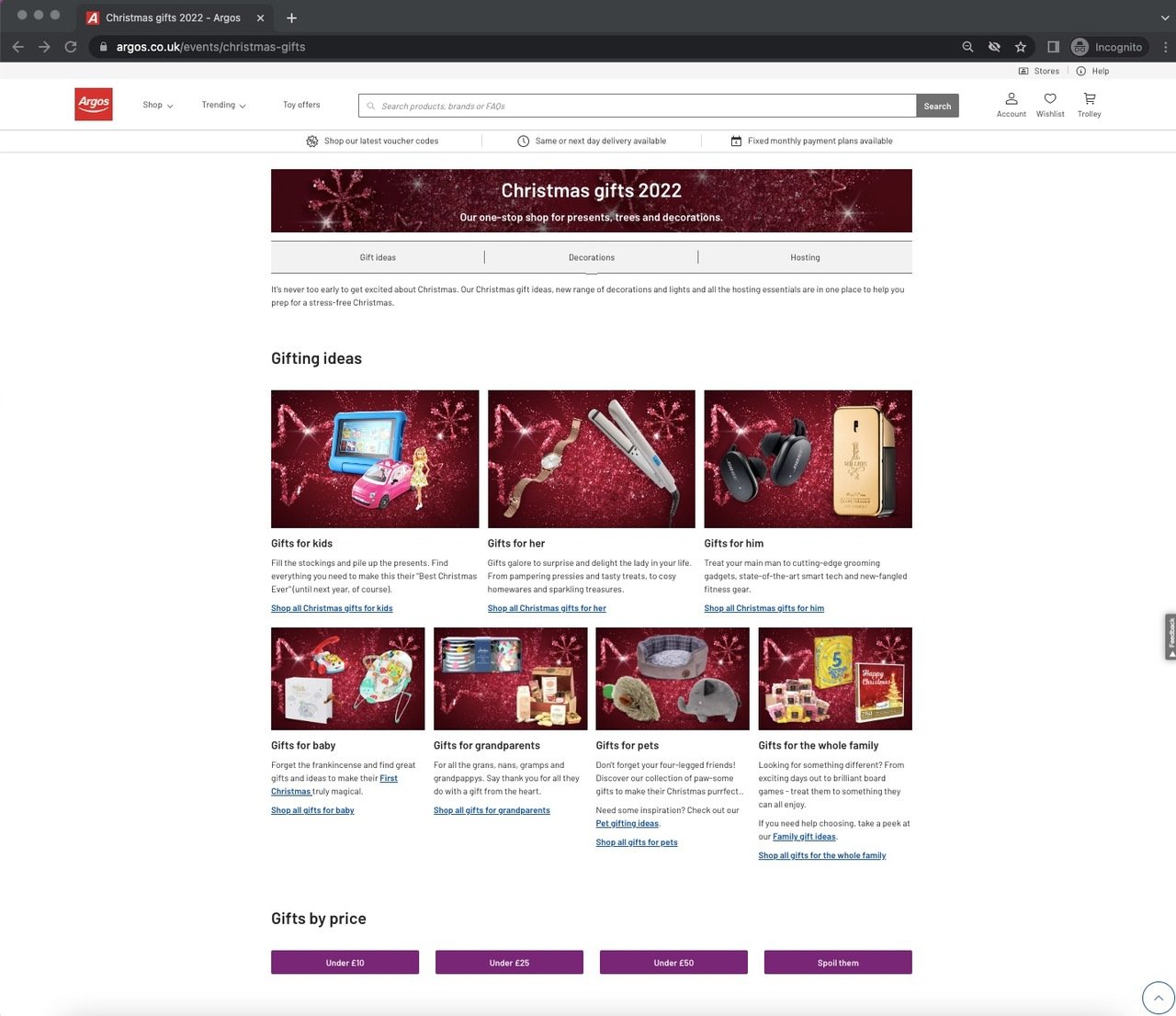 argos presell page designed for the Christmas with gift ideas and products