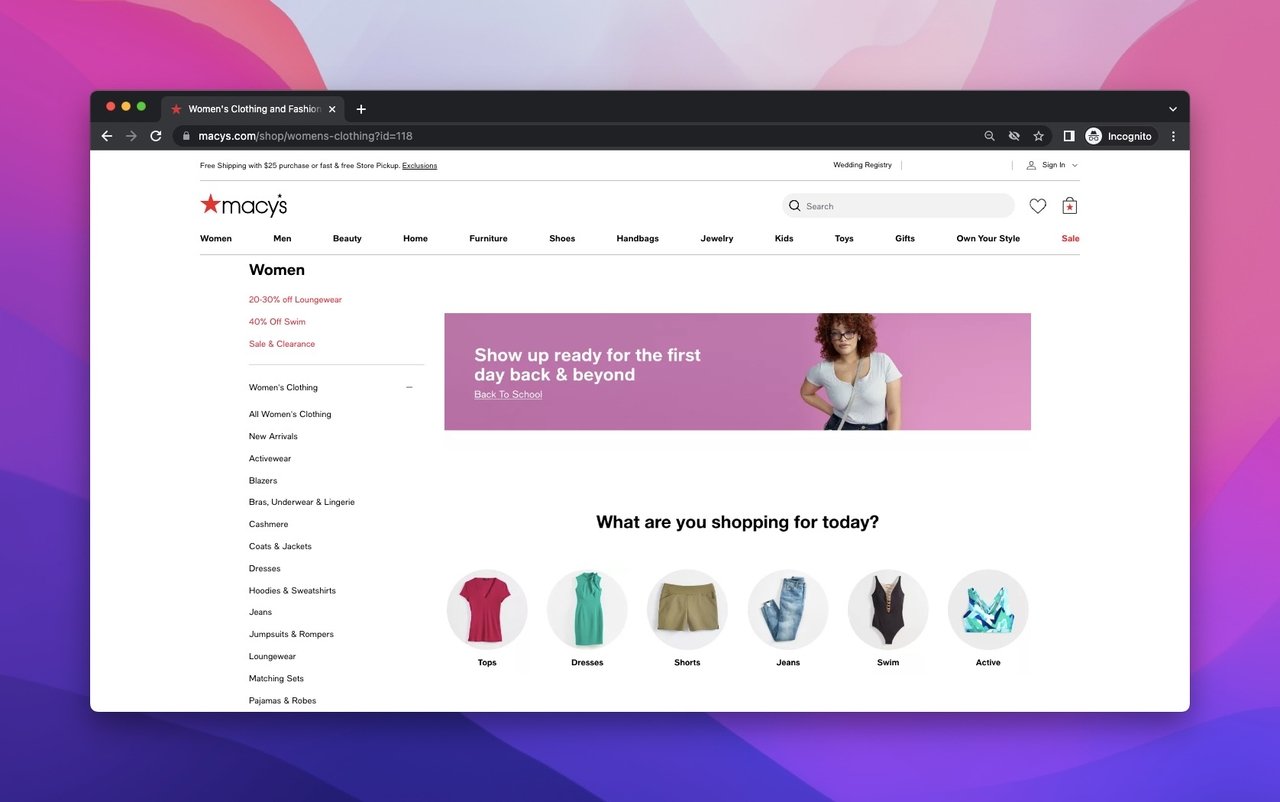 Macy's presell page showing a woman on a pink banner and clothing categories of the brand