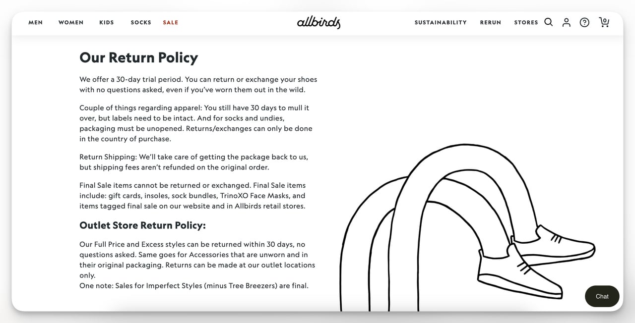 allbirds return policy page for post purchase experience